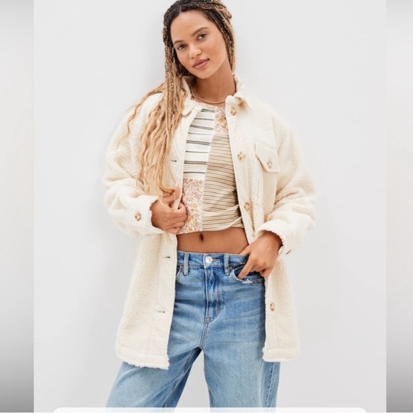 American Eagle Mid-Length Sherpa corduroy oversized Jacket cream large - Picture 2 of 7